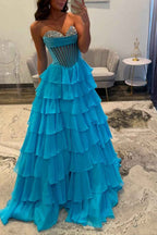 Black A Line Tiered Sweetheart Long Corset Prom Dress with Slit