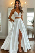 White A Line 2 Piece Satin V-Neck Long Prom Dress with Slit