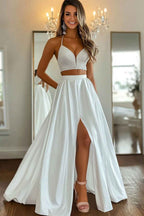 White A Line 2 Piece Satin V-Neck Long Prom Dress with Slit