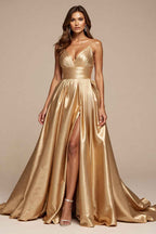 Golden A Line Satin Spaghetti Straps Long Prom Dress with Slit