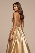 Golden A Line Satin Spaghetti Straps Long Prom Dress with Slit
