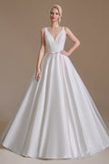 Charming A-Line Satin V-Neck Wedding Dress With Lace Appliques