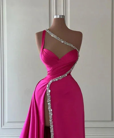 Vestido Longo de Cetim com Um Ombro Só, Bordado com Contas, Fenda, para Baile de Finalistas Y7692
