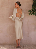Vestido de Dama de Honra de Satinado de Alta Qualidade com Laços nas Costas e Decote Aberto, Vestido Elegante para Mulheres, Vestido de Noite, Vestido