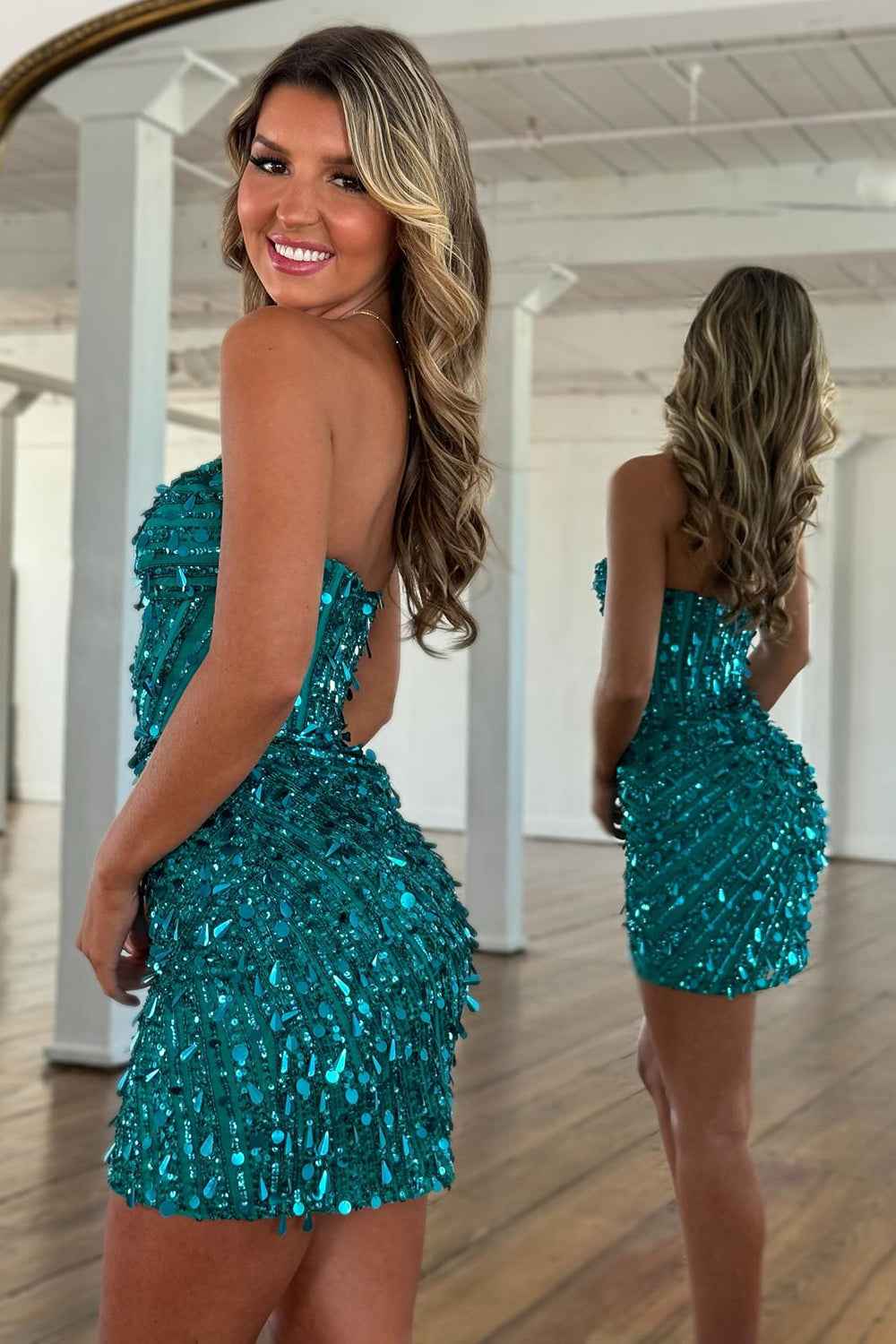 Sparkly Gold Mermaid Sequins Sweetheart Long Corset Prom Dress with Slit