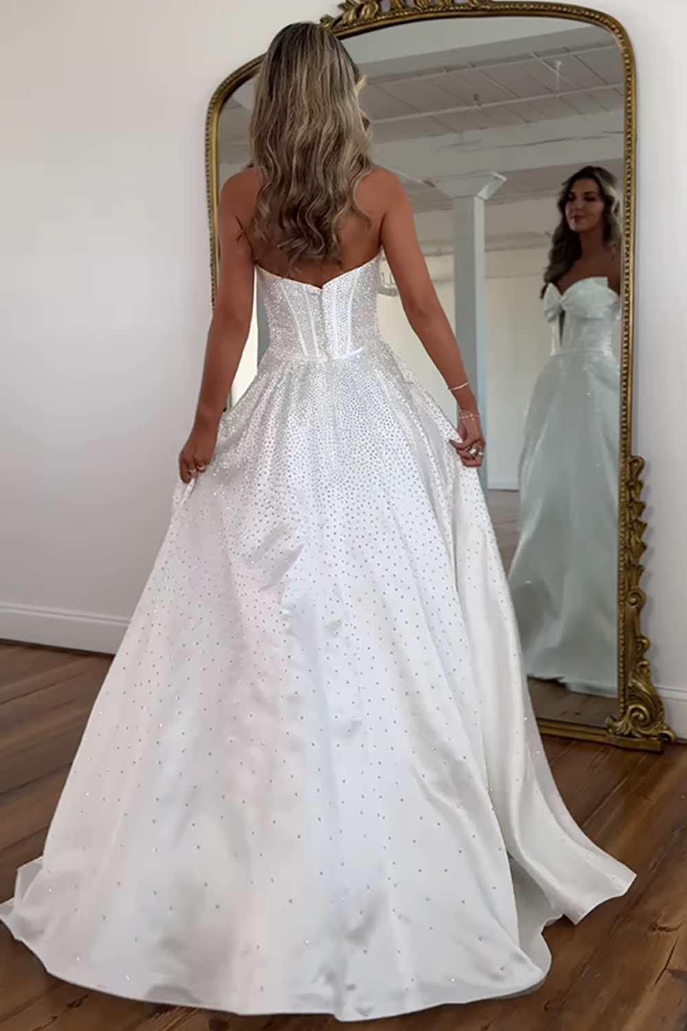 Sparkly White Sweetheart Beaded Princess Long Corset Prom Dress with Bow