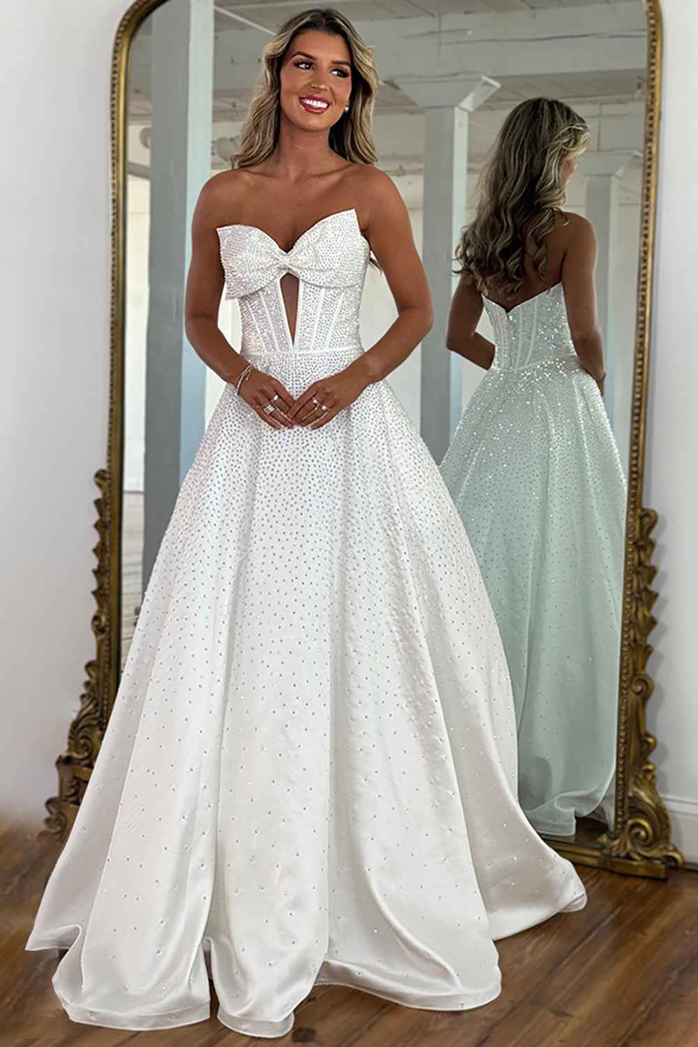 Sparkly White Sweetheart Beaded Princess Long Corset Prom Dress with Bow
