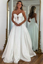 Sparkly White Sweetheart Beaded Princess Long Corset Prom Dress with Bow