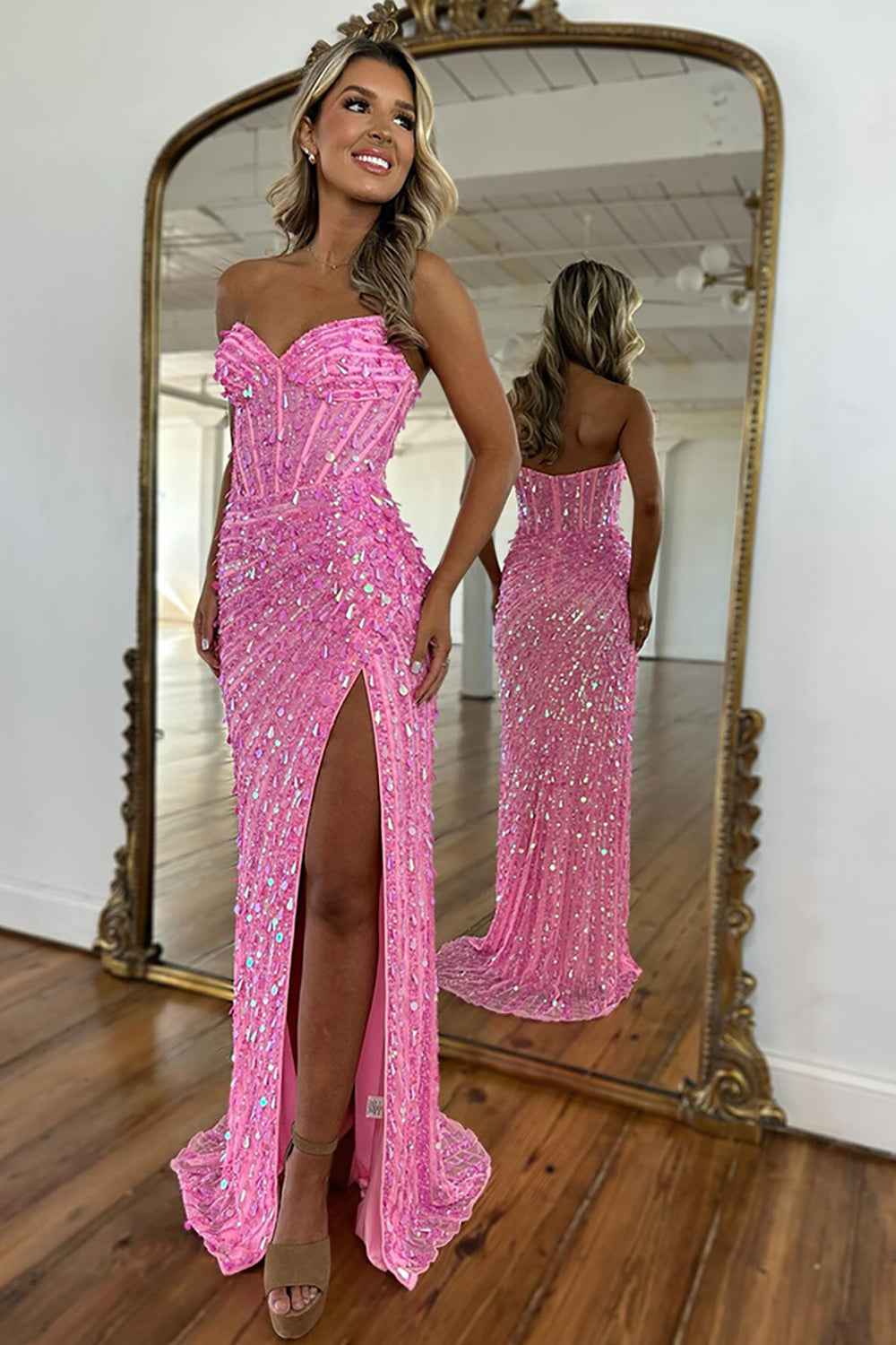 Sparkly Gold Mermaid Sequins Sweetheart Long Corset Prom Dress with Slit