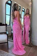 Sparkly Gold Fully Beaded Prom Dress with Deep V Neck Slit and Open Back