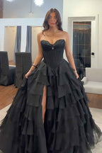 Black Sweetheart Princess Ruffled Long Corset Prom Dress with Beading