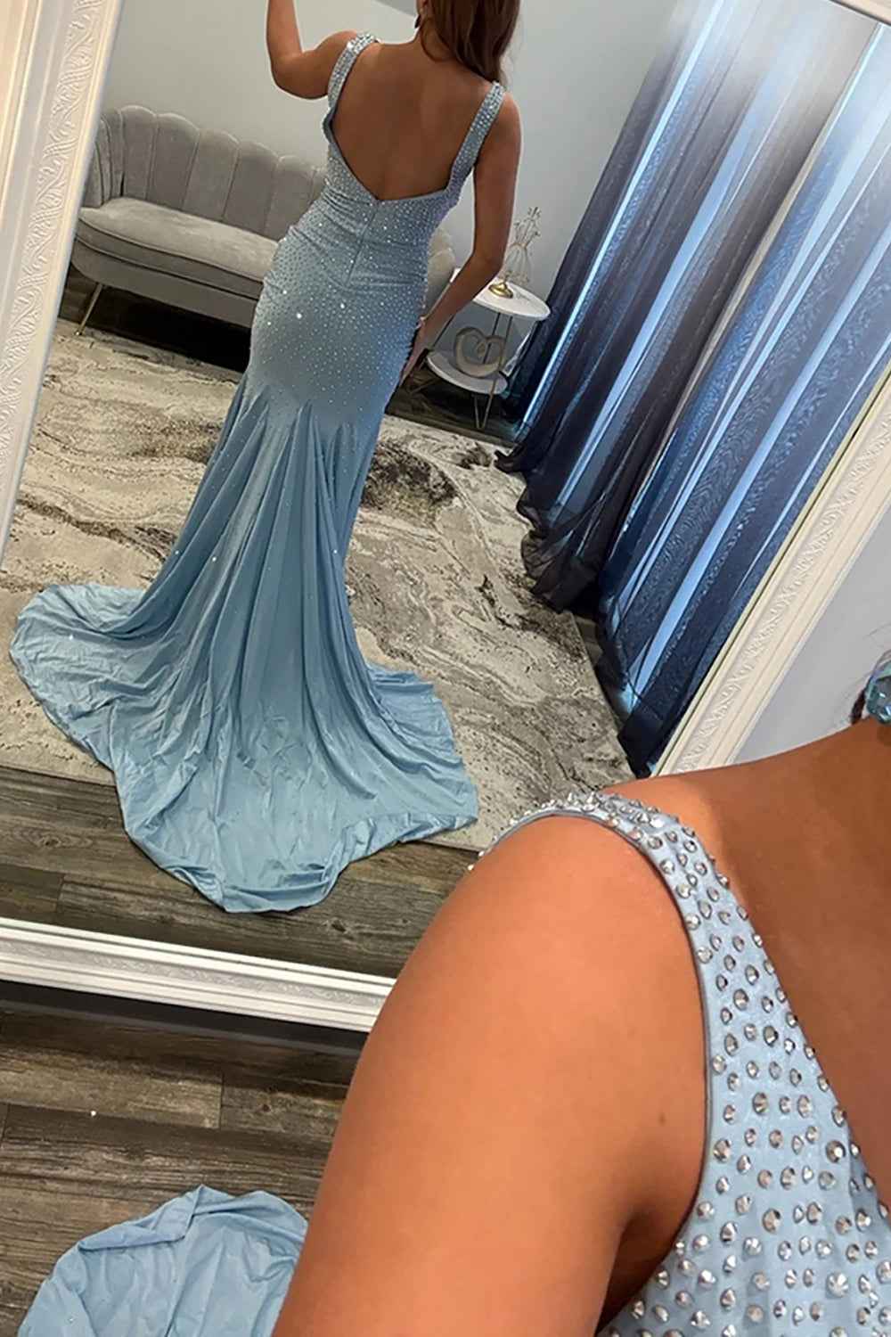 Sparkly Peacock Blue Mermaid V-Neck Beaded Long Prom Dress with Slit
