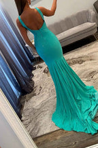 Sparkly Peacock Blue Mermaid V-Neck Beaded Long Prom Dress with Slit