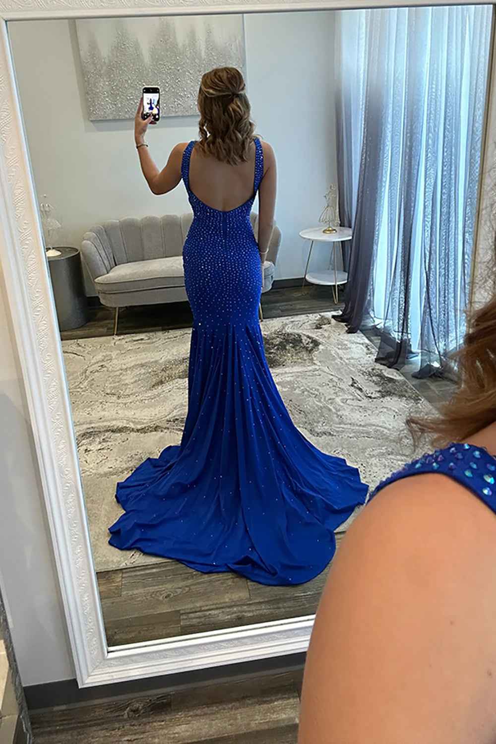 Sparkly Peacock Blue Mermaid V-Neck Beaded Long Prom Dress with Slit