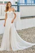 Off The Shoulder Split Lace Wedding Dress With Floral Bodice