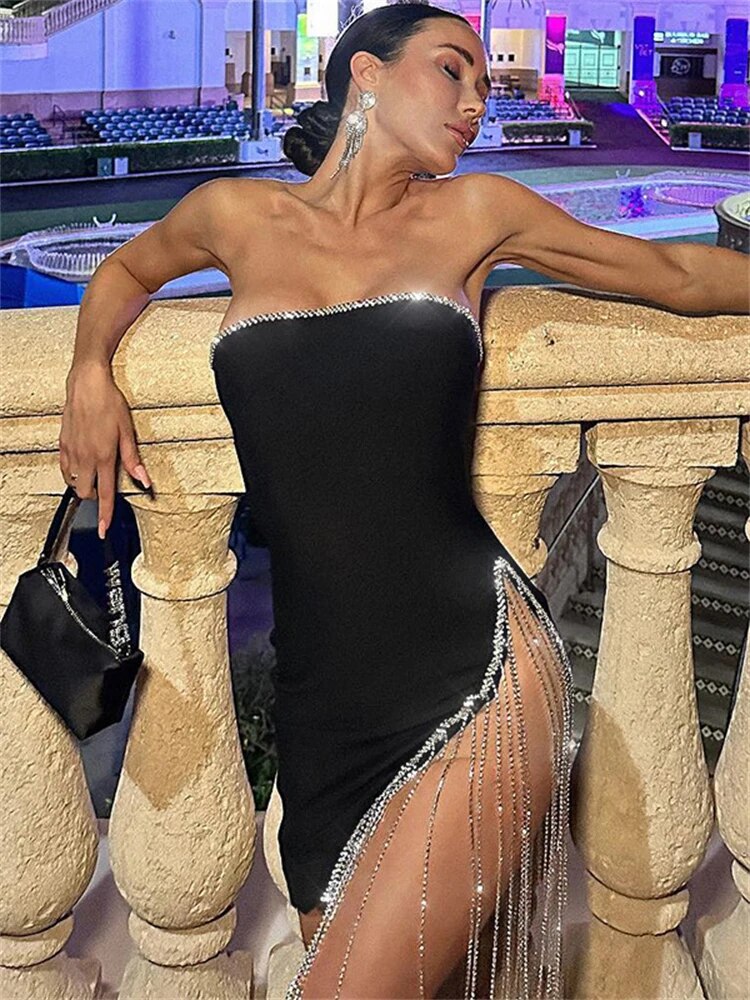 Abito da sera senza maniche TARUXY con spacco laterale, perle e nappe, abito sexy per donna, moda per feste in discoteca