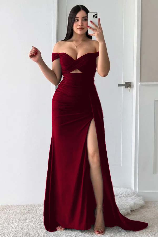 Off Shoulder Sleeveless Long Split Prom Dress Pleated Custom Colors Sizes