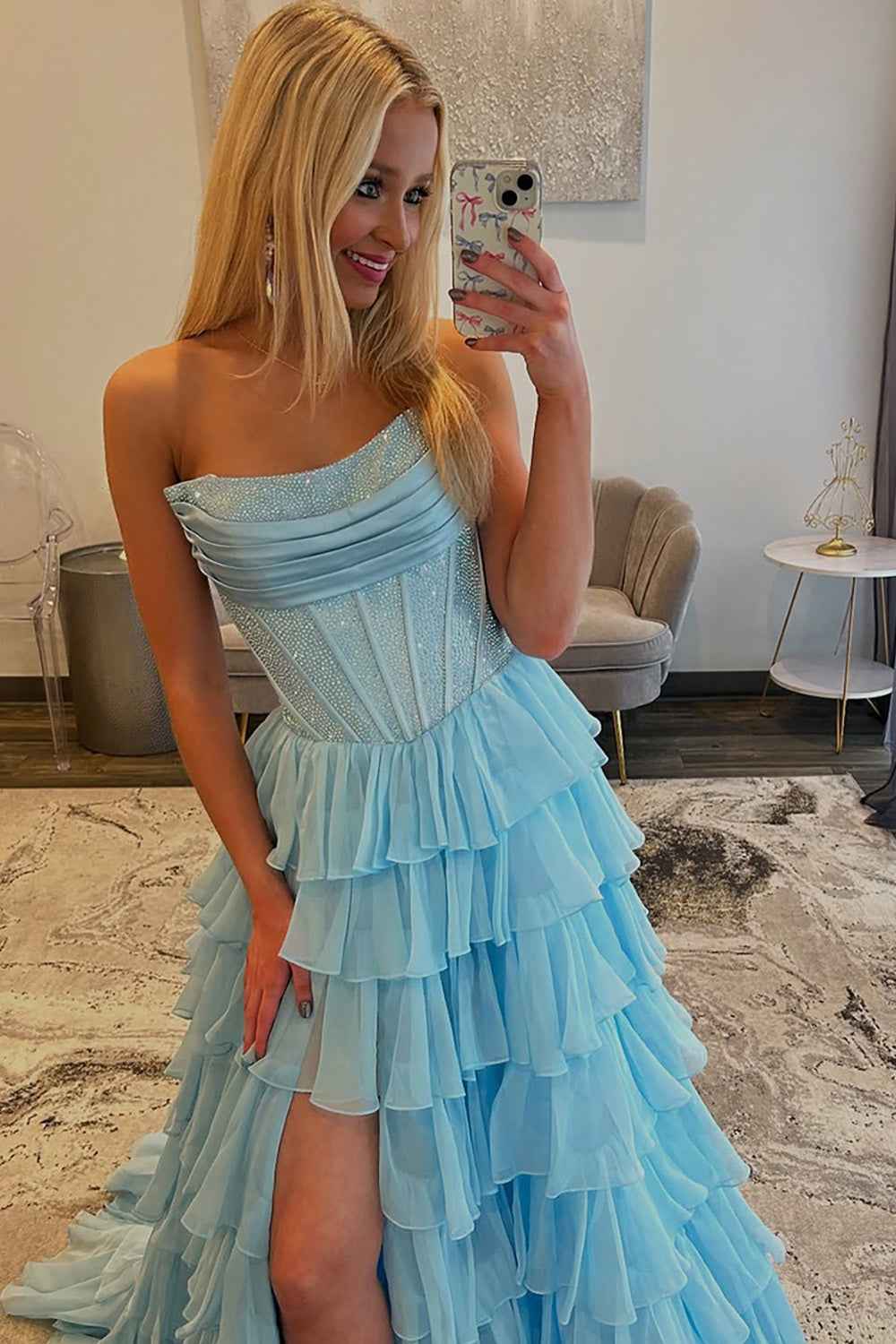 Navy Sparkly Strapless Corset A Line Long Chiffon Prom Dress