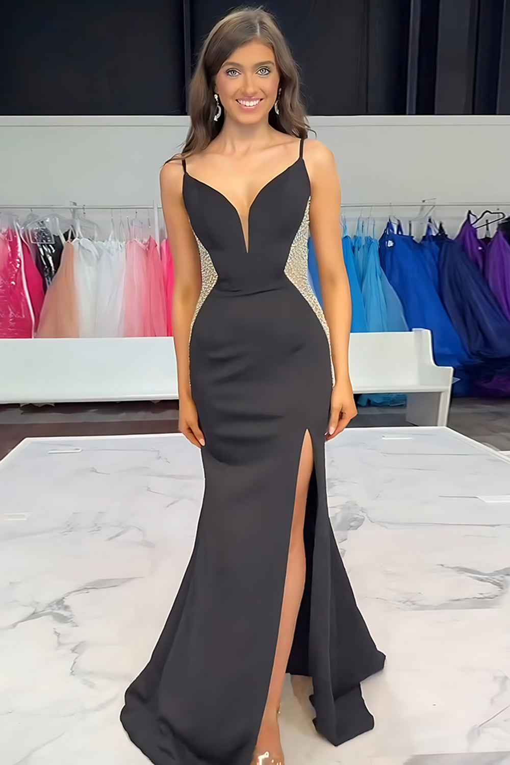 Sparkly Black Mermaid Detachable Train Satin Long Beaded Prom Dress with Slit