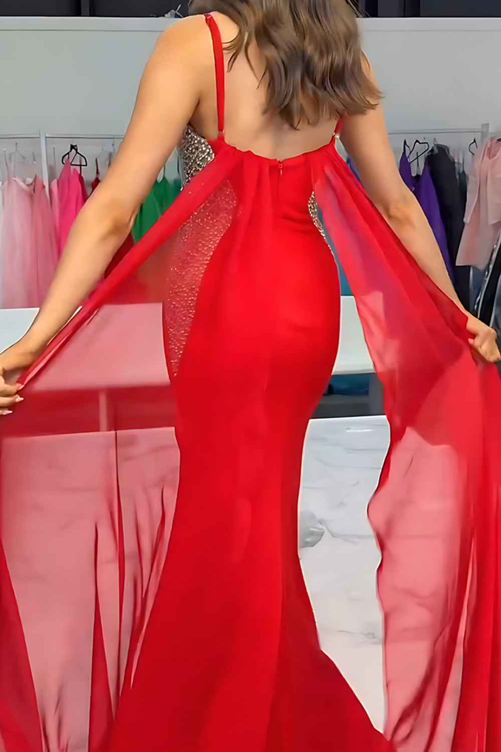 Sparkly Black Mermaid Detachable Train Satin Long Beaded Prom Dress with Slit