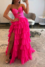 Fuchsia A-Line Sweetheart Tiered Cut Out Long Prom Dress with Slit