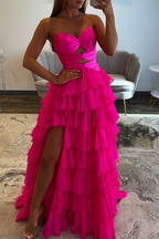 Fuchsia A-Line Sweetheart Tiered Cut Out Long Prom Dress with Slit