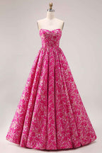 Fuchsia Floral Ball Gown Strapless Long Corset Prom Dress