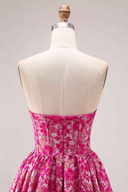 Fuchsia Floral Ball Gown Strapless Long Corset Prom Dress