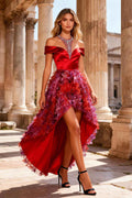 Red A Line Halter Beaded High-Low Prom Dress with Ruffles