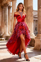 Red A Line Halter Beaded High-Low Prom Dress with Ruffles