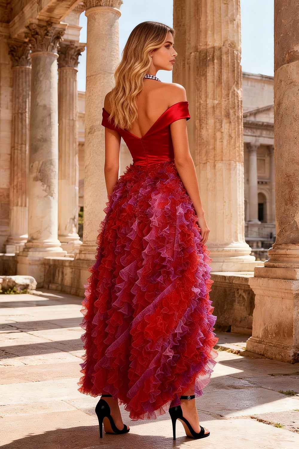 Red A Line Halter Beaded High-Low Prom Dress with Ruffles
