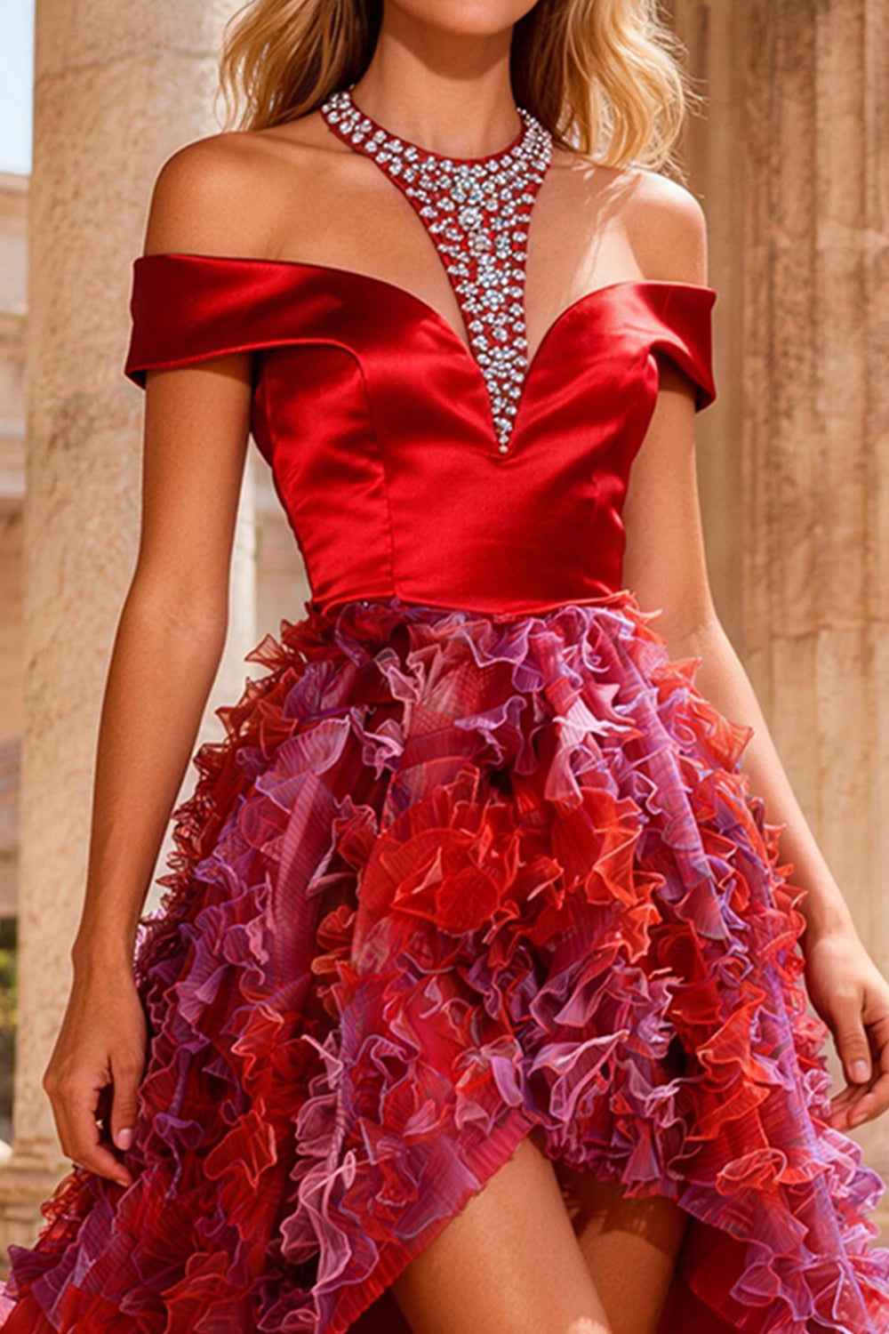 Red A Line Halter Beaded High-Low Prom Dress with Ruffles