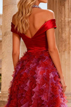 Red A Line Halter Beaded High-Low Prom Dress with Ruffles