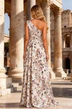 Pink A Line Corset One Shoulder Long Floral Prom Dress with Slit