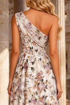 Pink A Line Corset One Shoulder Long Floral Prom Dress with Slit