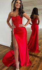 Vestidos de Festa de Cetim com Renda para Mulher, Modelo Sereia, Comprido com Fenda 2025, Sem Alças, Vestido Formal para Noite