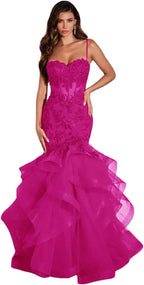 Vestidos de fiesta largos de tul con apliques de encaje para mujer, estilo sirena con volantes y brillo, vestido formal de noche para eventos