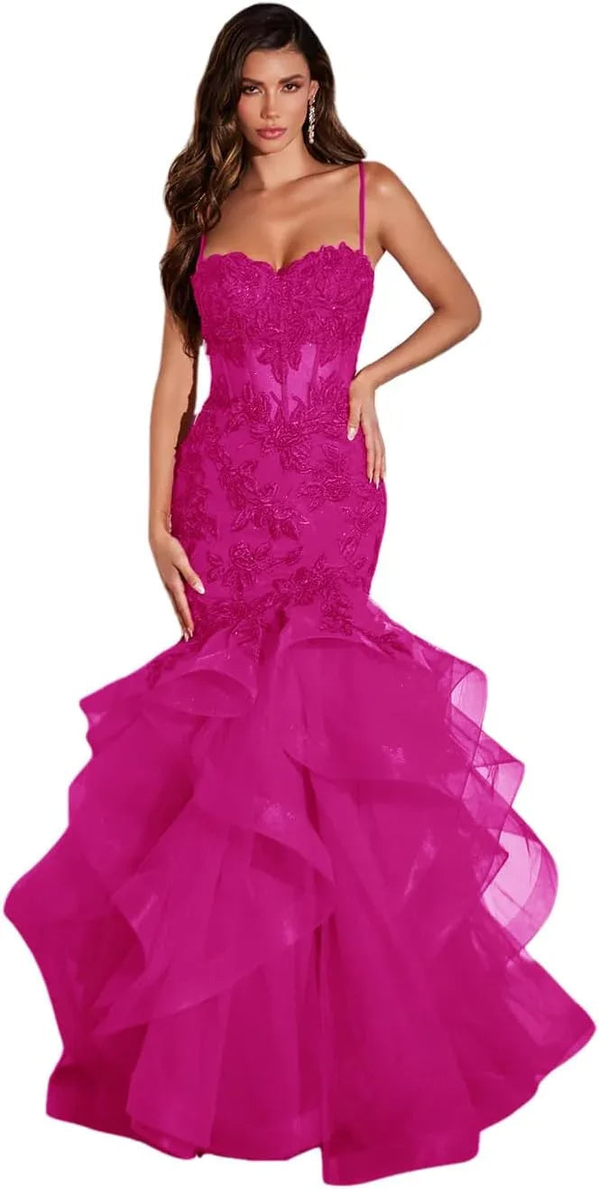 Vestidos de fiesta largos de tul con apliques de encaje para mujer, estilo sirena con volantes y brillo, vestido formal de noche para eventos