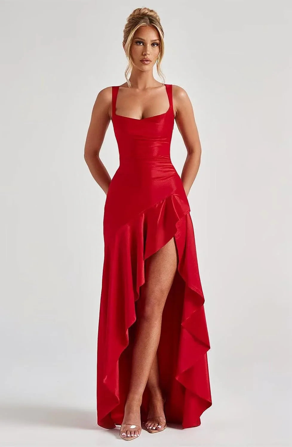 Vestidos de Festa com Folhos de Cetim para Adolescentes Vestidos de Coquetel Assimétricos em Linha A para Mulheres QA204