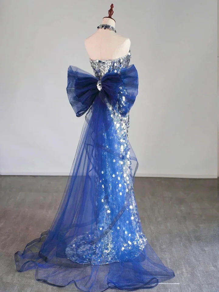Vestido de Noite Longo com Lantejoulas Prateadas e Cauda de Sereia para Baile com Laço Y7746