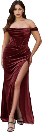 Vestido de Veludo com Fenda para Mulher, Modelo Sereia, Longo, Ombros Descobertos, Vestido de Dama de Honra, Vestido de Festa Sem Alças