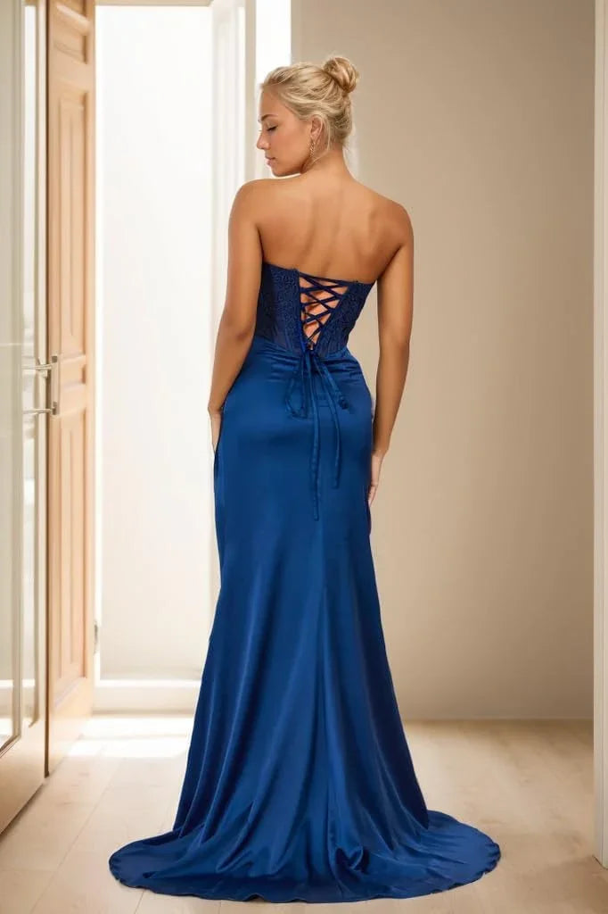 Vestidos de Festa de Cetim com Renda para Mulher, Modelo Sereia, Comprido com Fenda 2025, Sem Alças, Vestido Formal para Noite