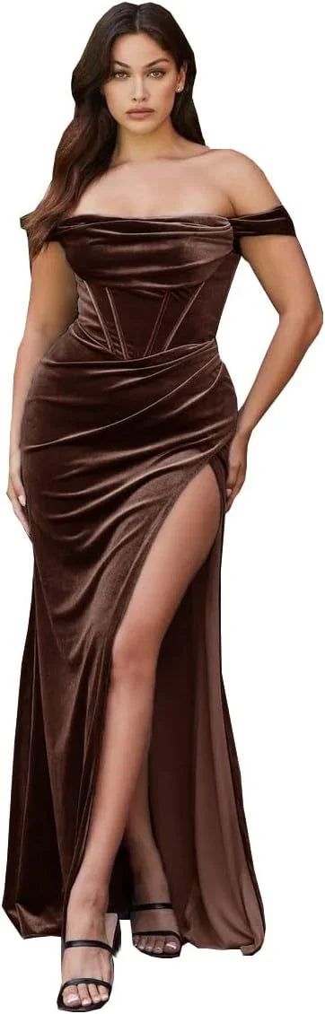 Vestido de Veludo com Fenda para Mulher, Modelo Sereia, Longo, Ombros Descobertos, Vestido de Dama de Honra, Vestido de Festa Sem Alças
