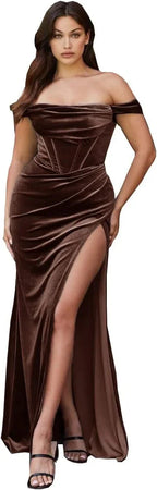 Vestido de Veludo com Fenda para Mulher, Modelo Sereia, Longo, Ombros Descobertos, Vestido de Dama de Honra, Vestido de Festa Sem Alças