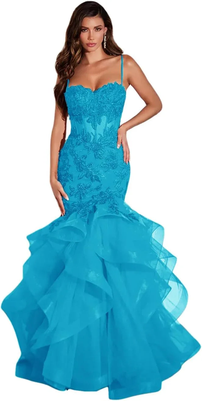 Vestidos de fiesta largos de tul con apliques de encaje para mujer, estilo sirena con volantes y brillo, vestido formal de noche para eventos