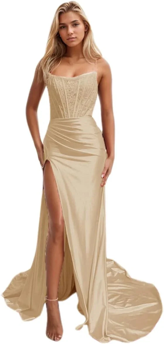 Vestidos de Festa de Cetim com Renda para Mulher, Modelo Sereia, Comprido com Fenda 2025, Sem Alças, Vestido Formal para Noite