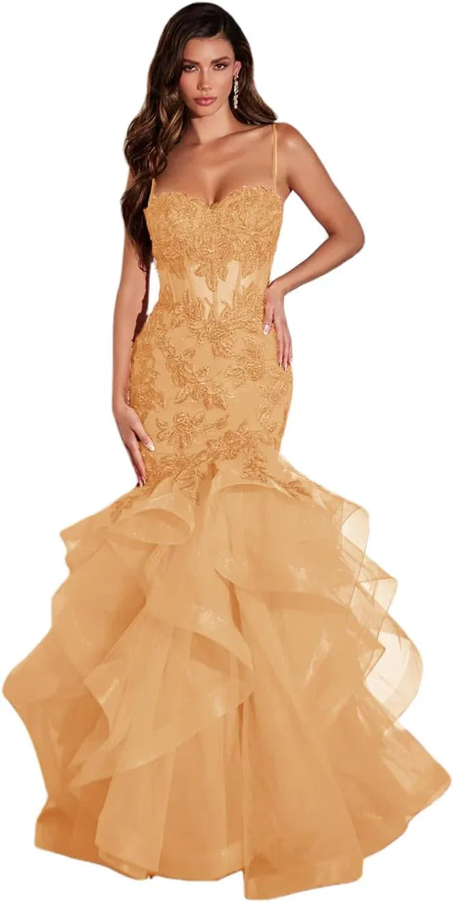 Vestidos de fiesta largos de tul con apliques de encaje para mujer, estilo sirena con volantes y brillo, vestido formal de noche para eventos