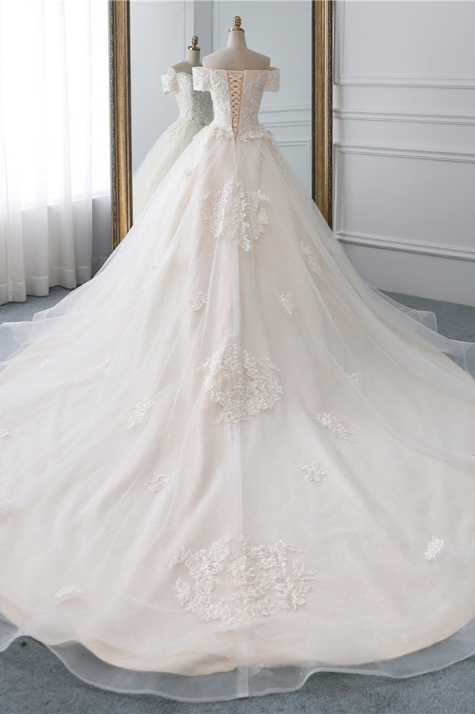 Off The Shoulder Tulle Princess Long Wedding Dress With Appliques Lace