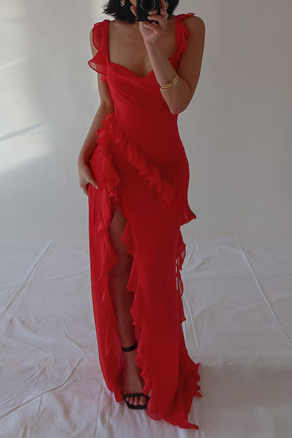 Robe longue légère ultra-séduisante à fente haute et volants