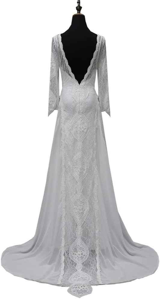 Womens Beach Wedding Dress Vintage Lace Bohemian Bridal Gown With Long Sleeves